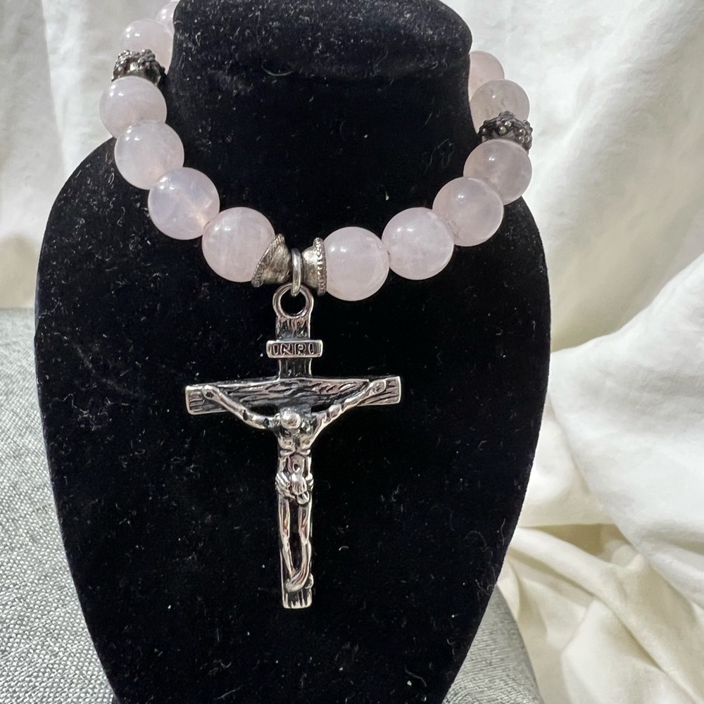 Rosary" Bracelet Rose Quartz Stone with Cross Stainless Steel Silver ☑️ - Picture 10 of 14